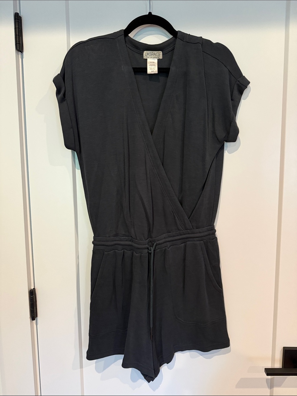 l*space Black Short Sleeve Wrap Romper with Drawstring